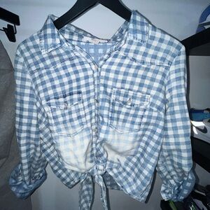 Blue and white checkered tie front shirt